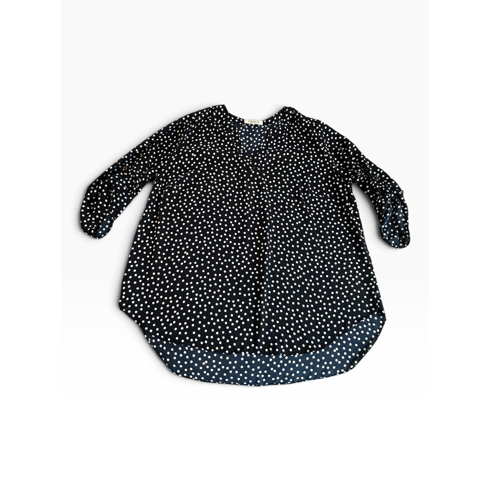 Chaus Blouse Tunic Women XL Navy Blue Polka Dot V-Neck Roll Tab Sleeve